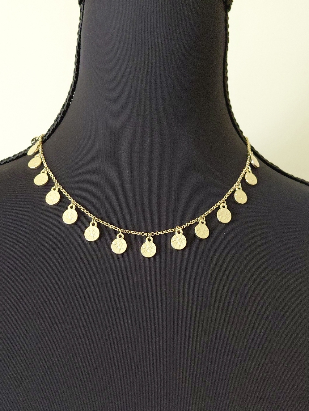 Gold Tone  Necklace with Hammered Gold Teardrop Pendants -